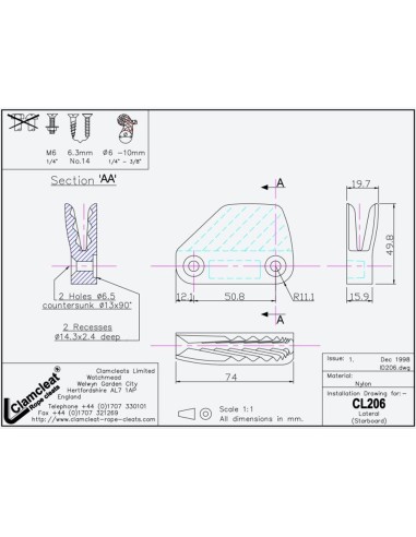 Clamcleat Lateral Stuurboord 6-10 mm Zwart | Shipsworld