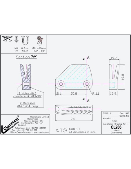 Clamcleat Lateral Stuurboord 6-10 mm Zwart | Shipsworld