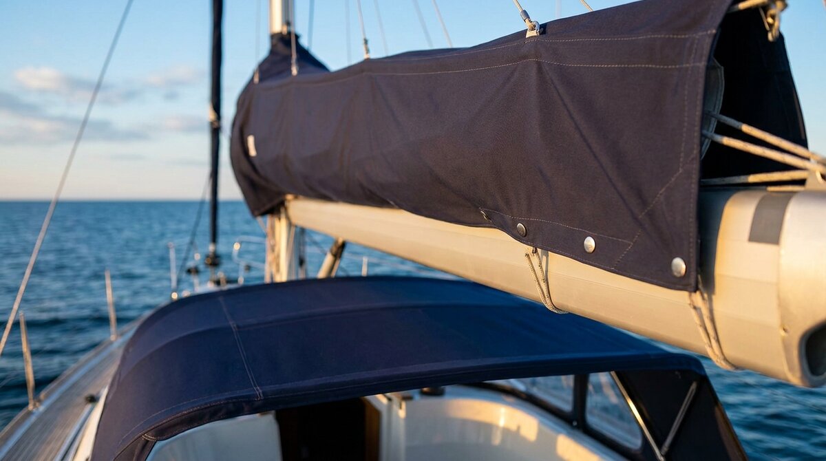 Navy zeilhuik en biminitop van Sunbrella-doek op een zeiljacht