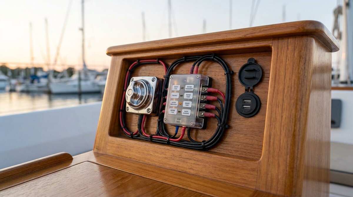 12V-elektrapaneel aan boord met accuschakelaar, zekeringen en USB-lader