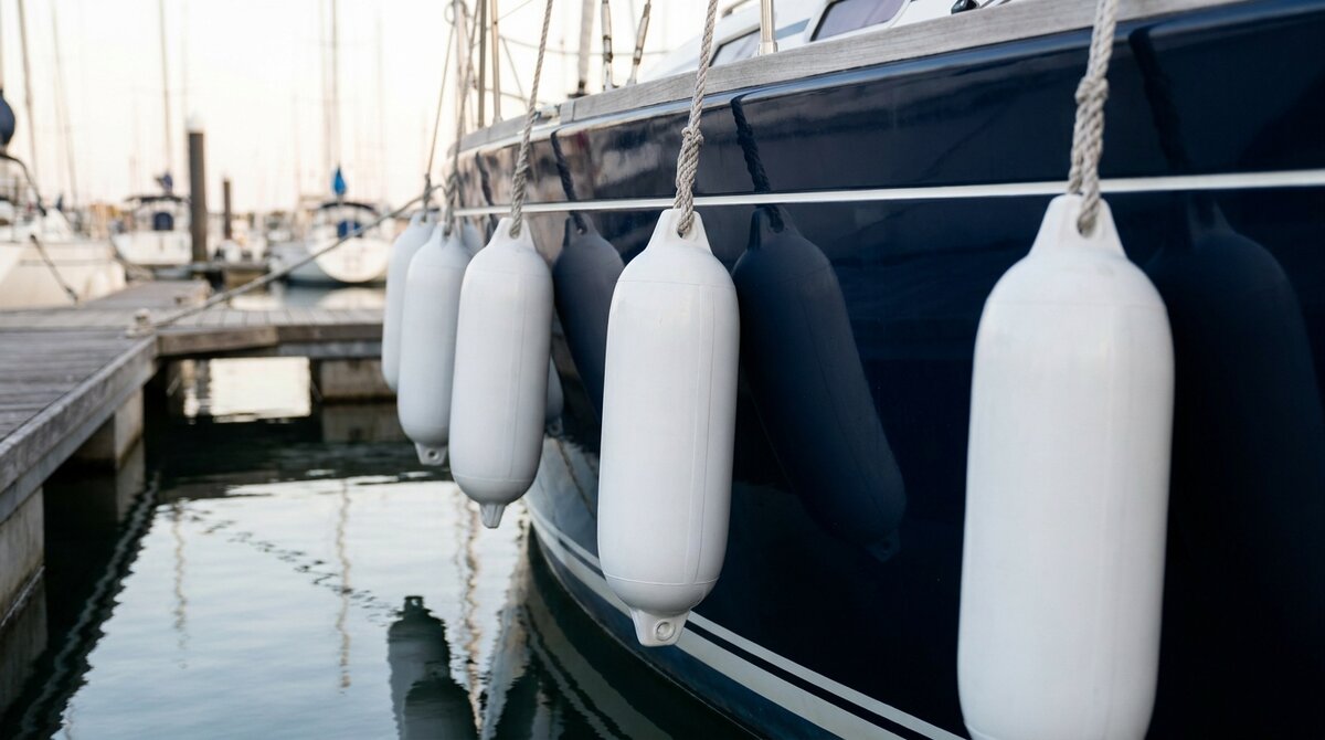 Witte fenders langs de navy romp van een zeiljacht in de jachthaven